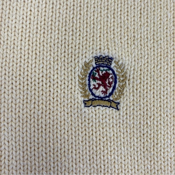 TOMMY HILFIGER Vintage 90s Butter Yellow Knit Crewneck Sweater Crest Cotton XL - Picture 7 of 16